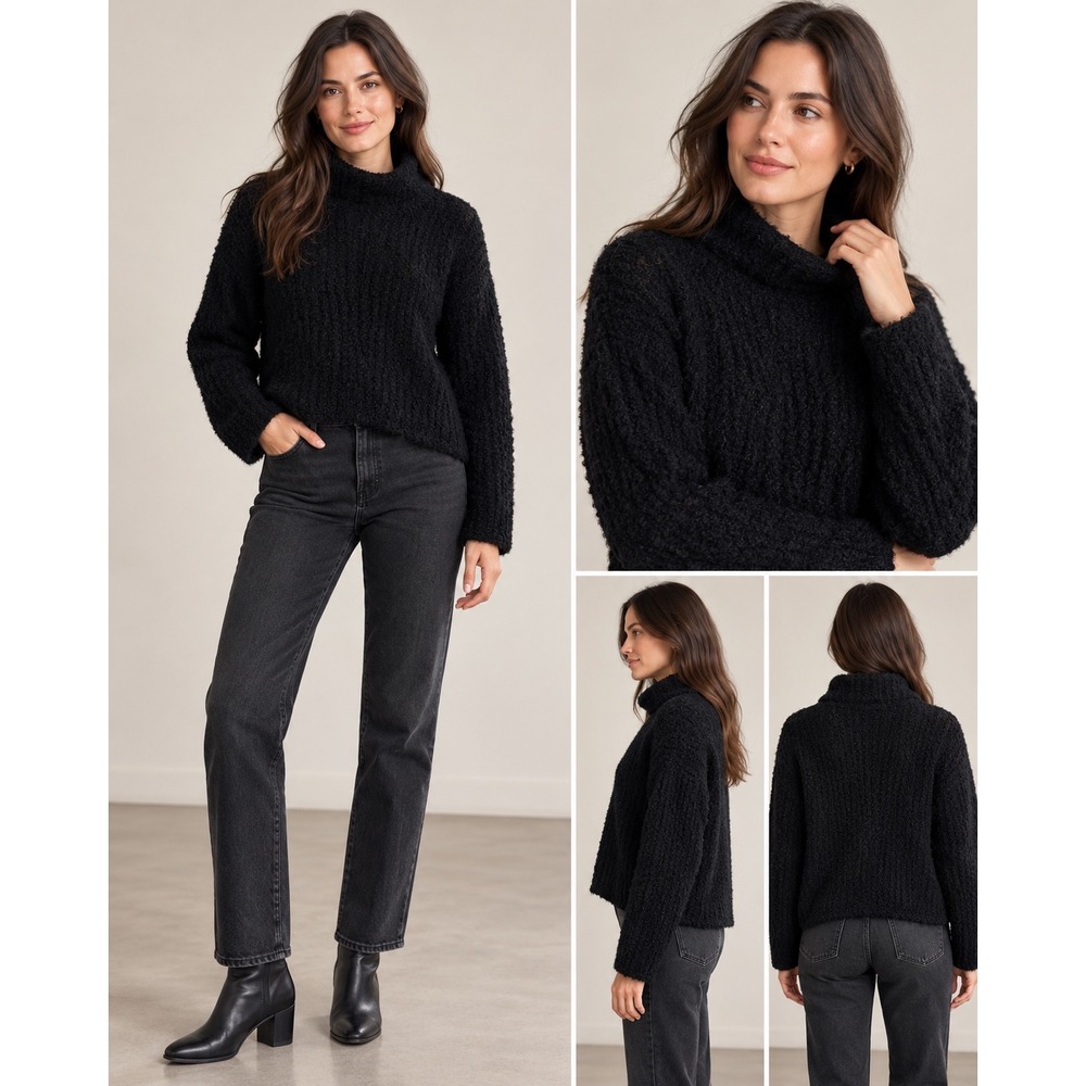 Eileen Fisher 100% Alpaca Black Turtleneck Sweater L Textured Knit Peru